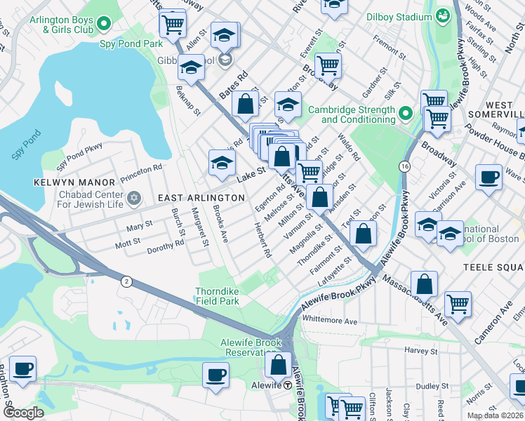 map of restaurants, bars, coffee shops, grocery stores, and more near in Arlington