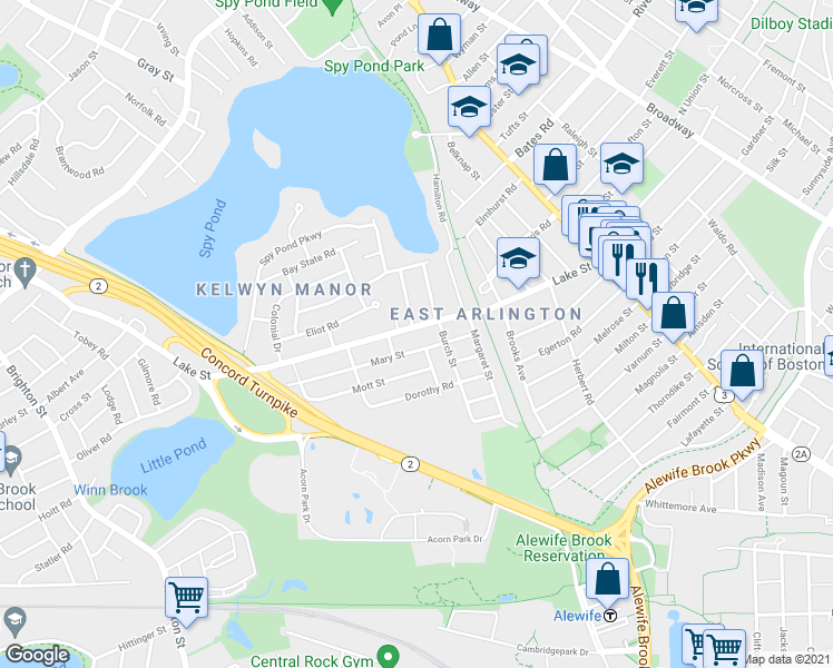 map of restaurants, bars, coffee shops, grocery stores, and more near 45-47 Mary Street in Arlington