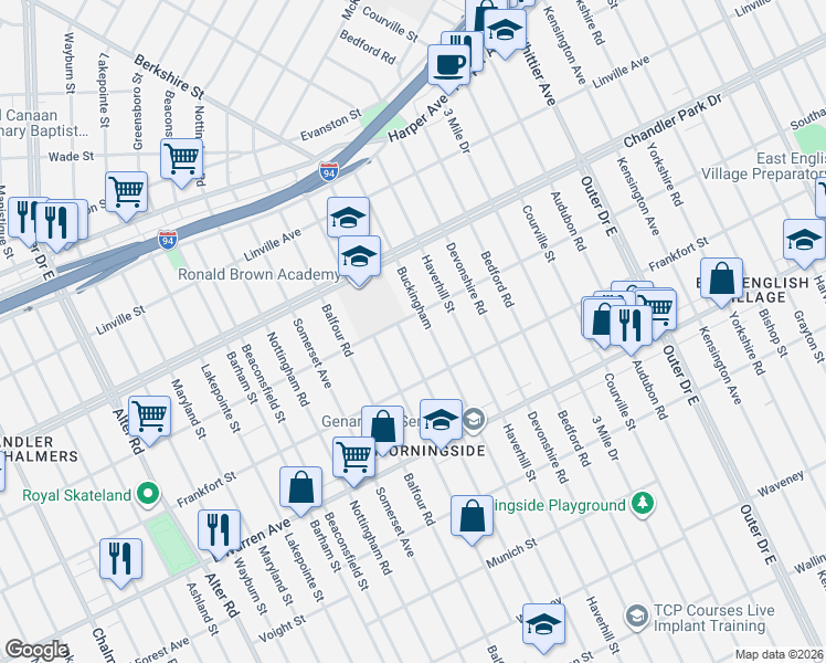 map of restaurants, bars, coffee shops, grocery stores, and more near 5301 Berkshire Street in Detroit
