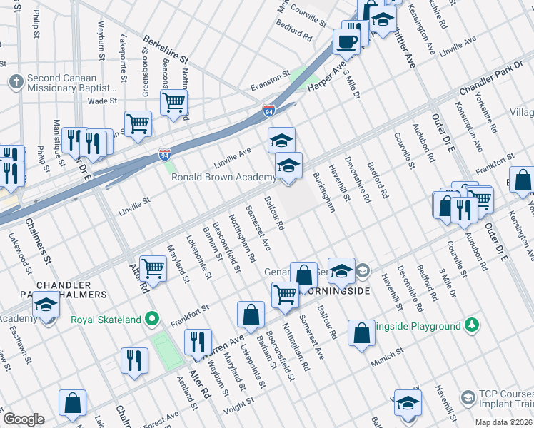 map of restaurants, bars, coffee shops, grocery stores, and more near 5534 Somerset Avenue in Detroit