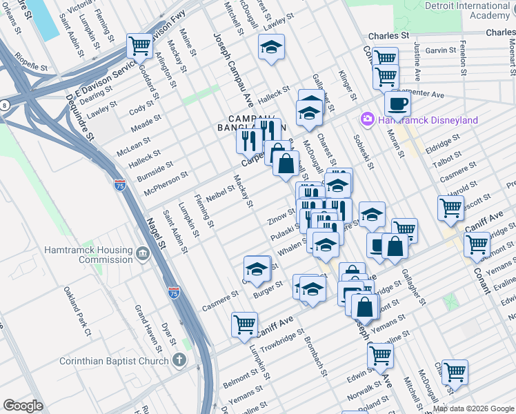 map of restaurants, bars, coffee shops, grocery stores, and more near 2603 Commor Avenue in Hamtramck