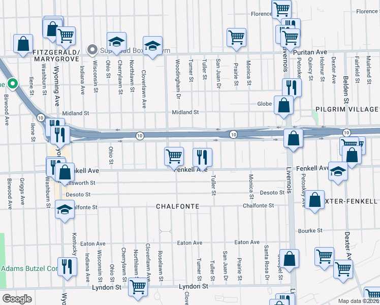 map of restaurants, bars, coffee shops, grocery stores, and more near 15350 Turner Street in Detroit