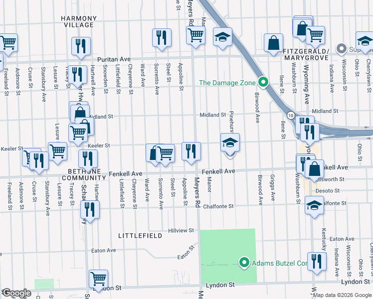 map of restaurants, bars, coffee shops, grocery stores, and more near 15370 Appoline Avenue in Detroit