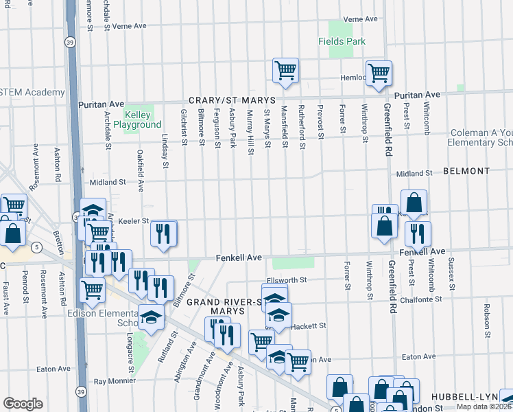 map of restaurants, bars, coffee shops, grocery stores, and more near 15419 Saint Marys Street in Detroit
