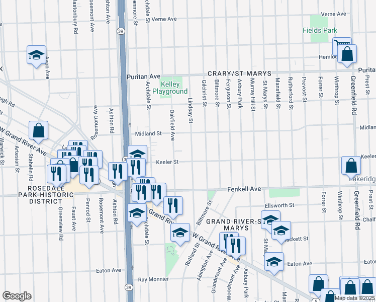 map of restaurants, bars, coffee shops, grocery stores, and more near 15424 Lindsay Street in Detroit