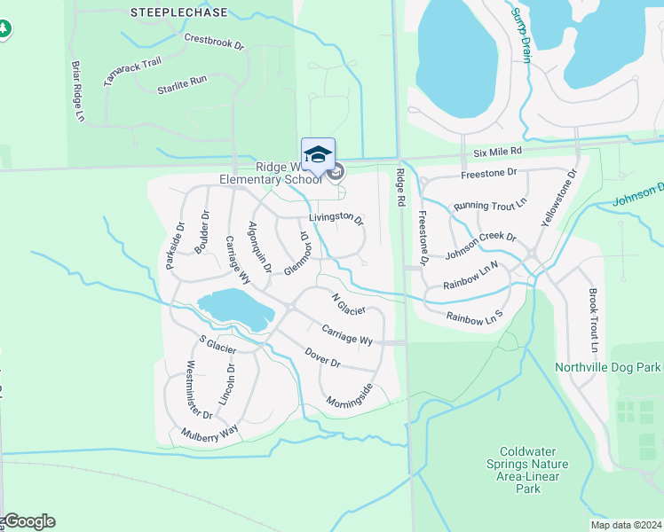 map of restaurants, bars, coffee shops, grocery stores, and more near 50280 Livingston Drive in Northville