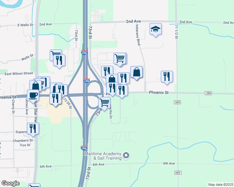 map of restaurants, bars, coffee shops, grocery stores, and more near 72401 County Road 388 in South Haven