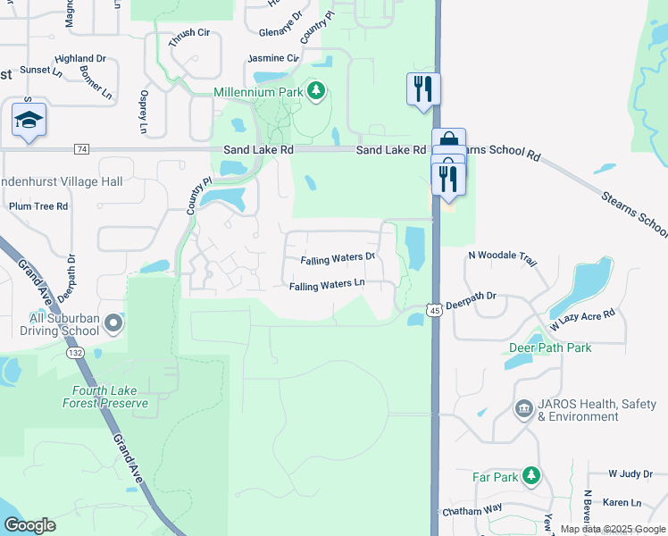 map of restaurants, bars, coffee shops, grocery stores, and more near 3123 Falling Waters Lane in Lindenhurst