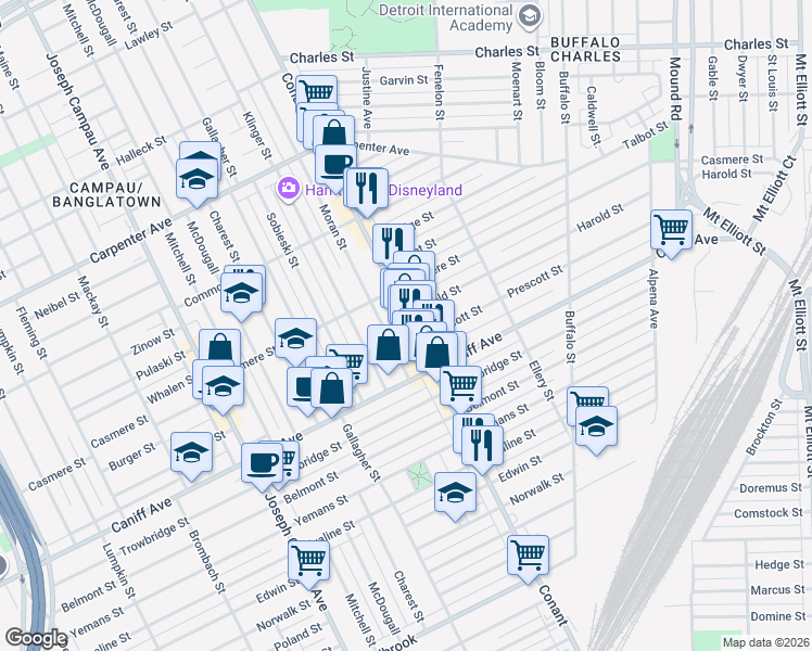 map of restaurants, bars, coffee shops, grocery stores, and more near 11433 Conant Street in Hamtramck