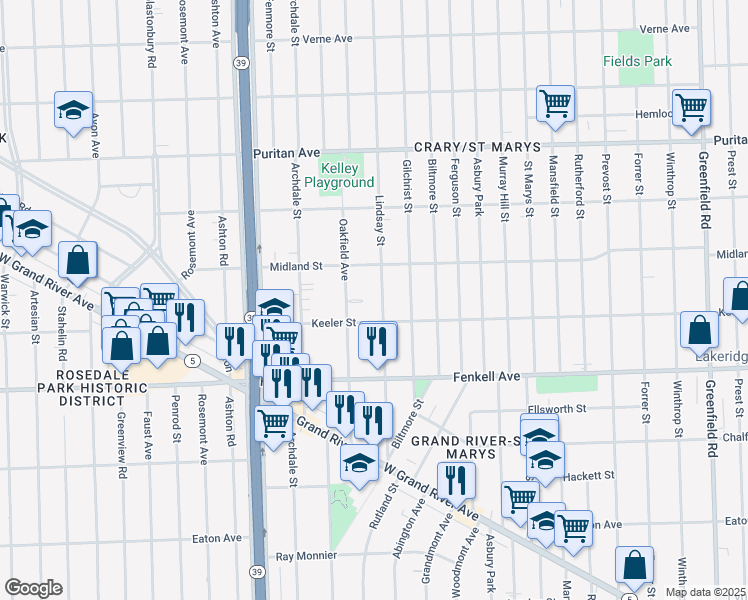 map of restaurants, bars, coffee shops, grocery stores, and more near 15424 Lindsay Street in Detroit