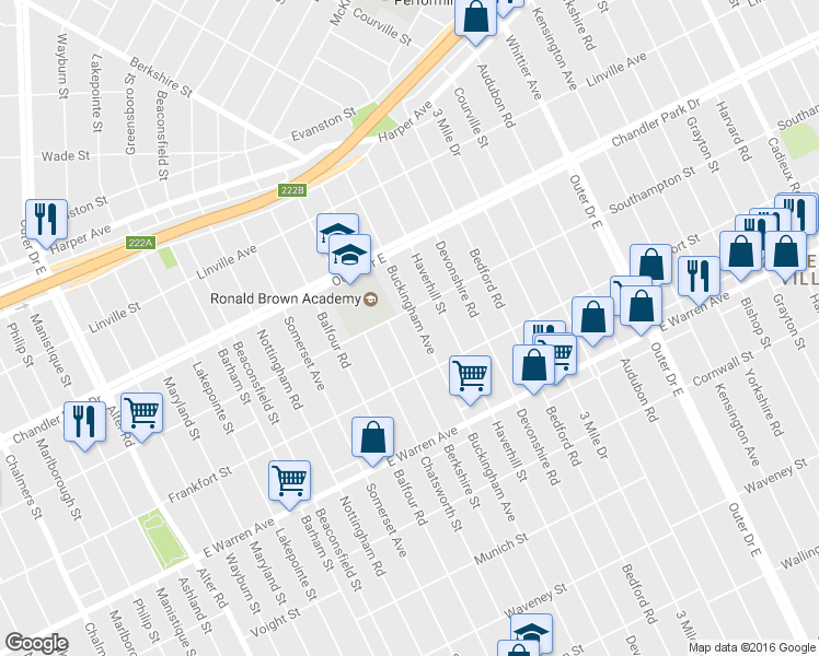 map of restaurants, bars, coffee shops, grocery stores, and more near 5291 Buckingham Rd in Detroit