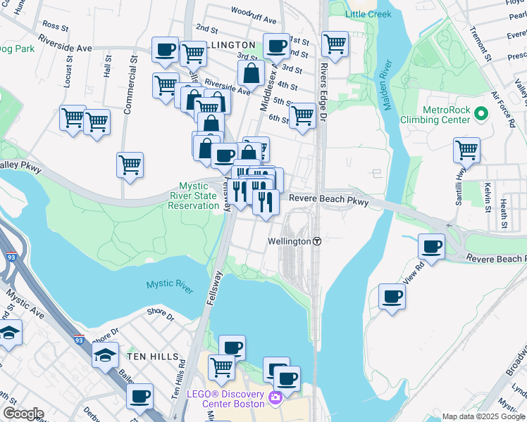 map of restaurants, bars, coffee shops, grocery stores, and more near 62 Station Landing in Medford