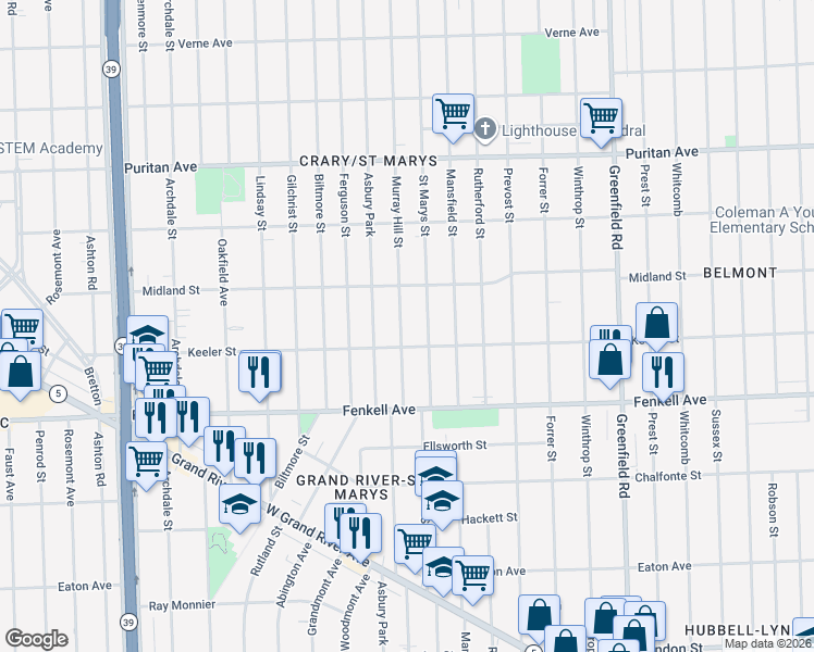 map of restaurants, bars, coffee shops, grocery stores, and more near 15419 Saint Marys Street in Detroit