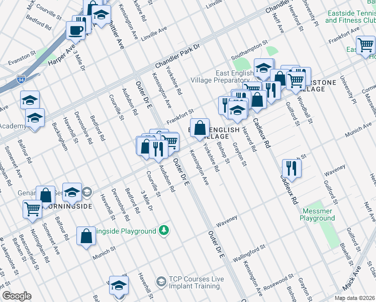 map of restaurants, bars, coffee shops, grocery stores, and more near 16530 East Warren Avenue in Detroit