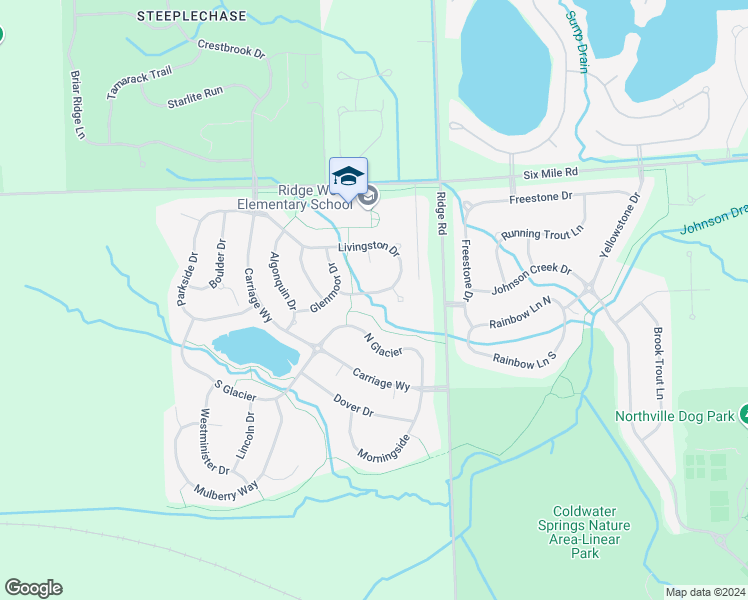 map of restaurants, bars, coffee shops, grocery stores, and more near 50280 Livingston Drive in Northville