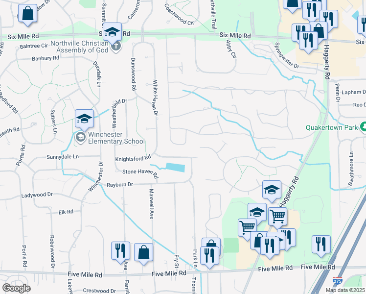 map of restaurants, bars, coffee shops, grocery stores, and more near 39539 Village Run Drive in Northville