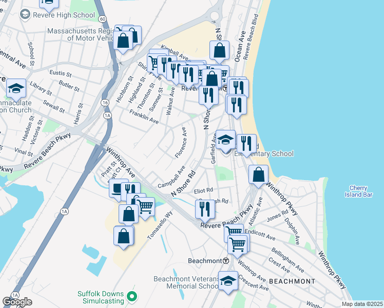 map of restaurants, bars, coffee shops, grocery stores, and more near 130 Campbell Avenue in Revere