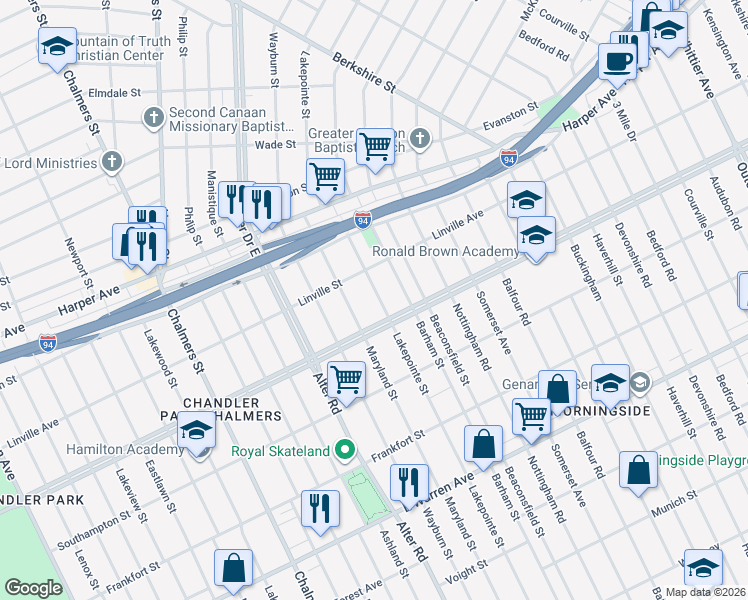 map of restaurants, bars, coffee shops, grocery stores, and more near 5760 Maryland Street in Detroit