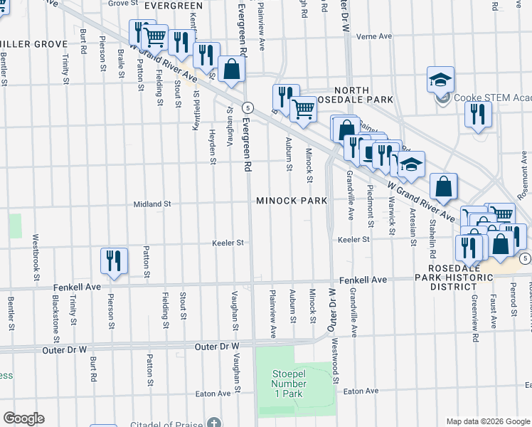 map of restaurants, bars, coffee shops, grocery stores, and more near 15501 Plainview Avenue in Detroit