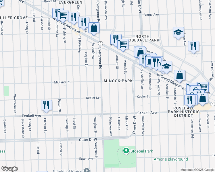 map of restaurants, bars, coffee shops, grocery stores, and more near 15501 Plainview Avenue in Detroit