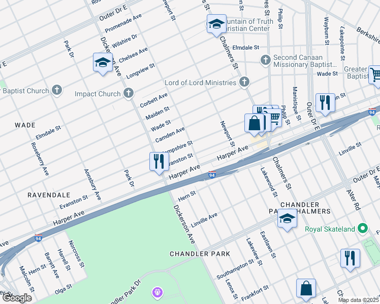 map of restaurants, bars, coffee shops, grocery stores, and more near 13138 Evanston Street in Detroit