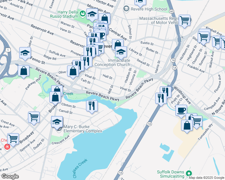 map of restaurants, bars, coffee shops, grocery stores, and more near 100 Mill Street in Revere