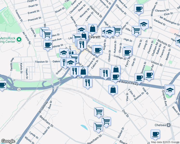map of restaurants, bars, coffee shops, grocery stores, and more near 70 Revere Street in Everett