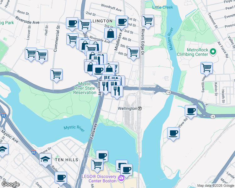 map of restaurants, bars, coffee shops, grocery stores, and more near 62 Station Landing in Medford