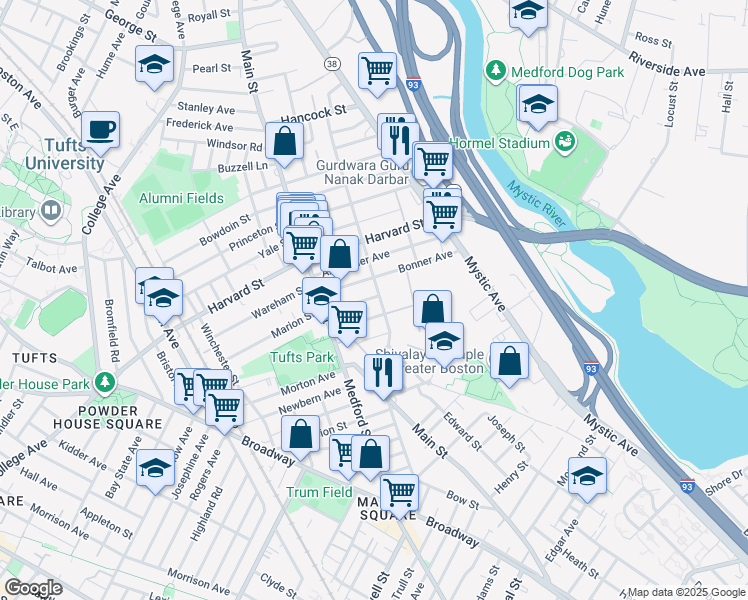 map of restaurants, bars, coffee shops, grocery stores, and more near 4 Congress Avenue in Medford
