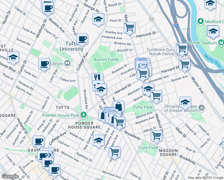 map of restaurants, bars, coffee shops, grocery stores, and more near 1 Berwick Road in Medford