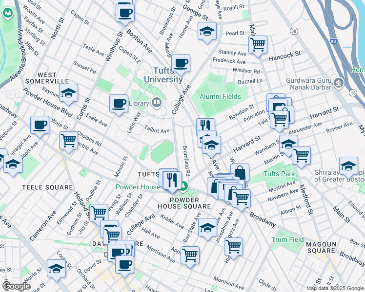 map of restaurants, bars, coffee shops, grocery stores, and more near 66 Bromfield Road in Somerville