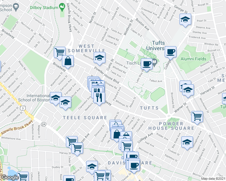 map of restaurants, bars, coffee shops, grocery stores, and more near 35 Packard Avenue in Somerville