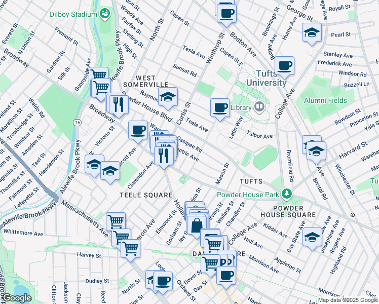 map of restaurants, bars, coffee shops, grocery stores, and more near 22 Lovell Street in Somerville