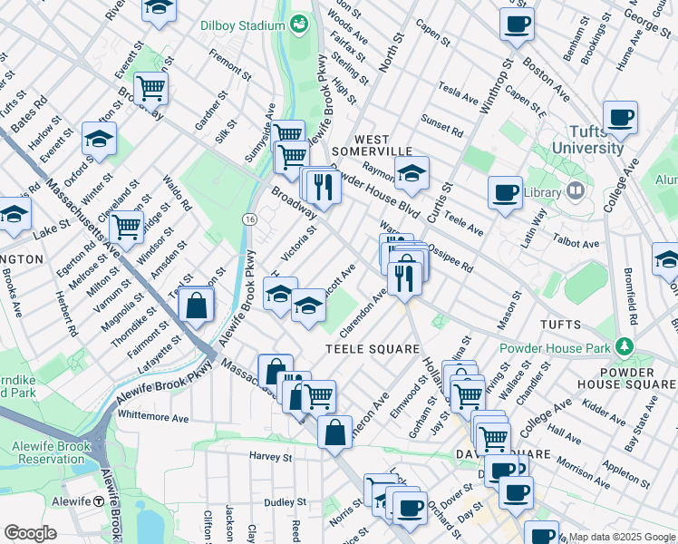 map of restaurants, bars, coffee shops, grocery stores, and more near 24 Endicott Avenue in Somerville