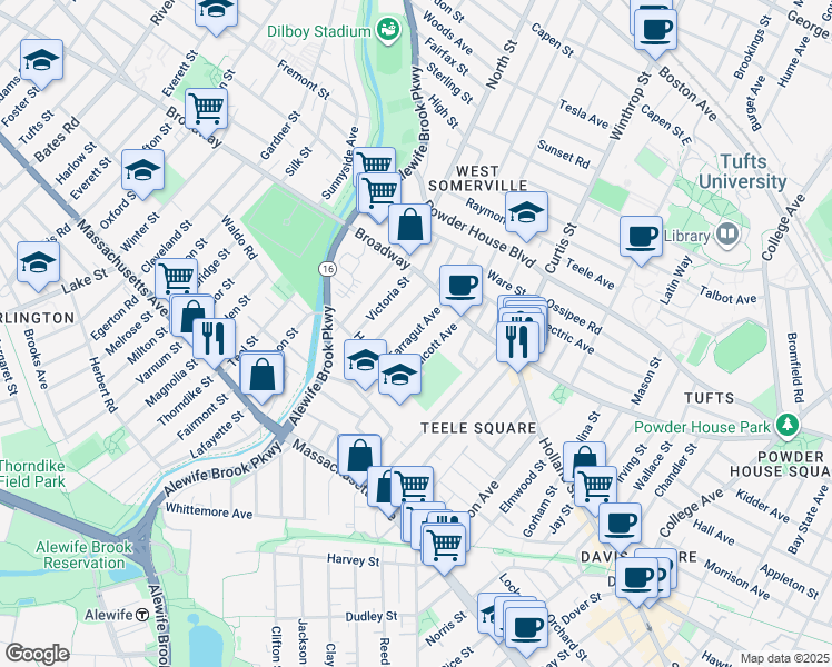 map of restaurants, bars, coffee shops, grocery stores, and more near 51 Farragut Avenue in Somerville