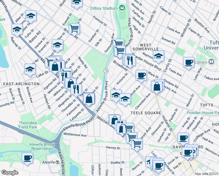 map of restaurants, bars, coffee shops, grocery stores, and more near 45 Alewife Brook Parkway in Cambridge