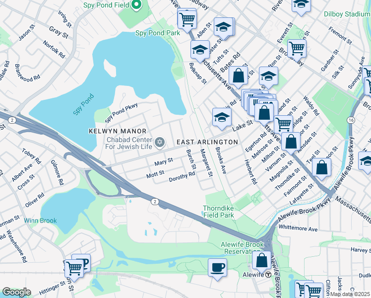 map of restaurants, bars, coffee shops, grocery stores, and more near 14 Mary Street in Arlington