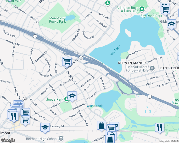 map of restaurants, bars, coffee shops, grocery stores, and more near 29 Tobey Road in Belmont