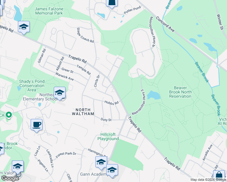 map of restaurants, bars, coffee shops, grocery stores, and more near 600 Trapelo Road in Waltham