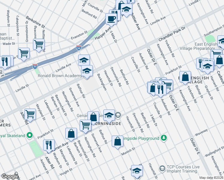 map of restaurants, bars, coffee shops, grocery stores, and more near 5259 Buckingham in Detroit