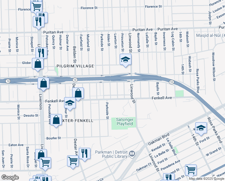 map of restaurants, bars, coffee shops, grocery stores, and more near 15340 Alden Street in Detroit