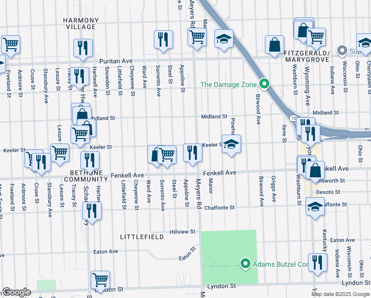 map of restaurants, bars, coffee shops, grocery stores, and more near 15370 Appoline Avenue in Detroit