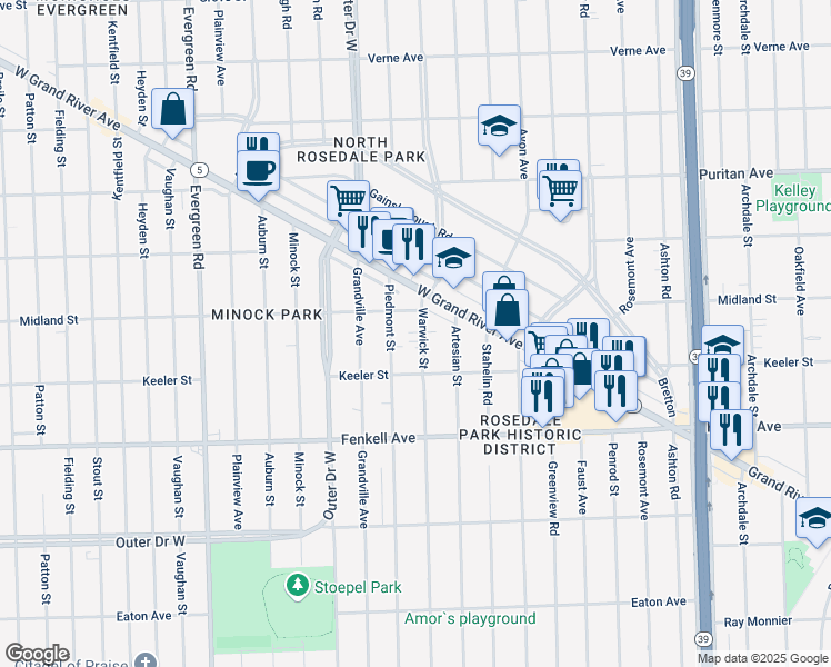 map of restaurants, bars, coffee shops, grocery stores, and more near 15455 Warwick Street in Detroit