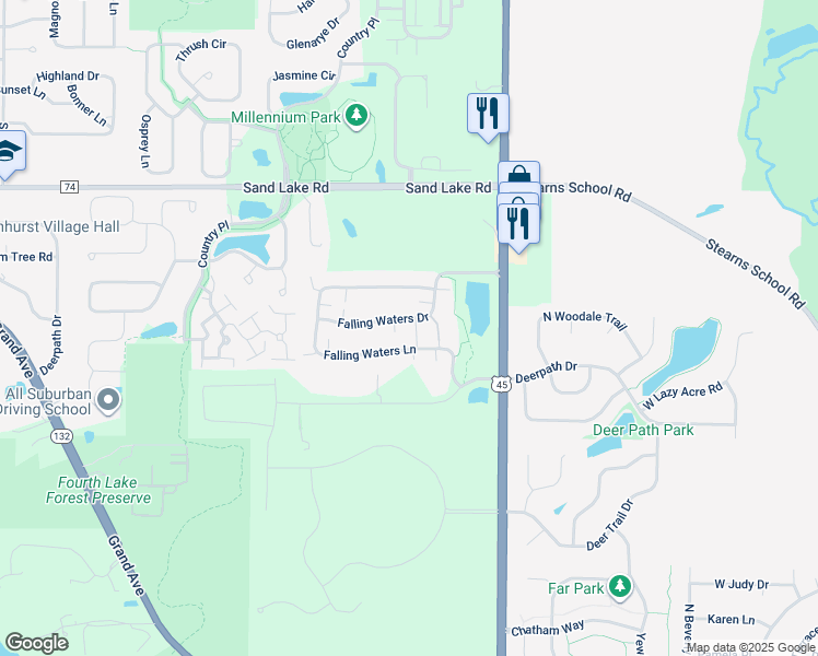 map of restaurants, bars, coffee shops, grocery stores, and more near 3149 Falling Waters Lane in Lindenhurst