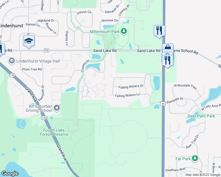 map of restaurants, bars, coffee shops, grocery stores, and more near 3067 Falling Waters Lane in Lindenhurst