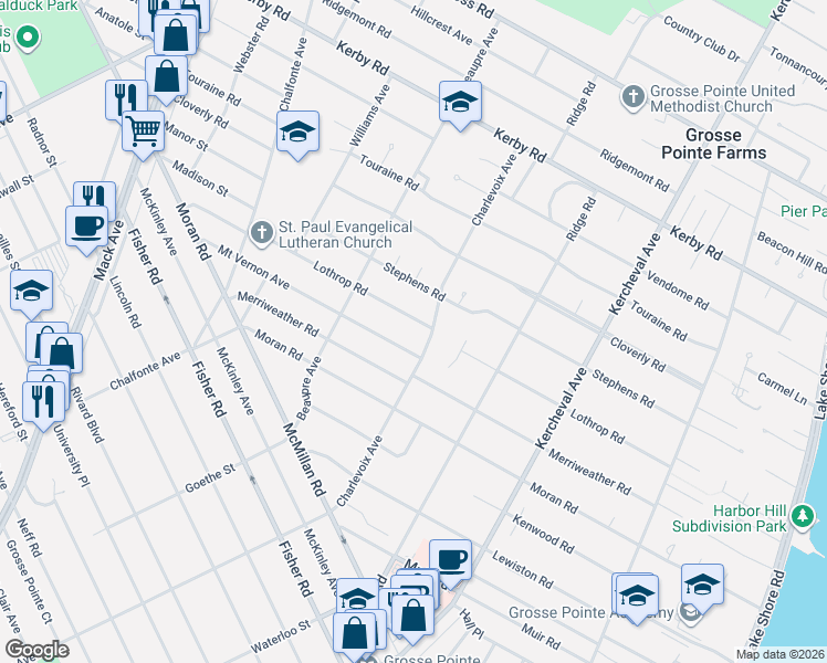 map of restaurants, bars, coffee shops, grocery stores, and more near 256 Mount Vernon Avenue in Grosse Pointe Farms