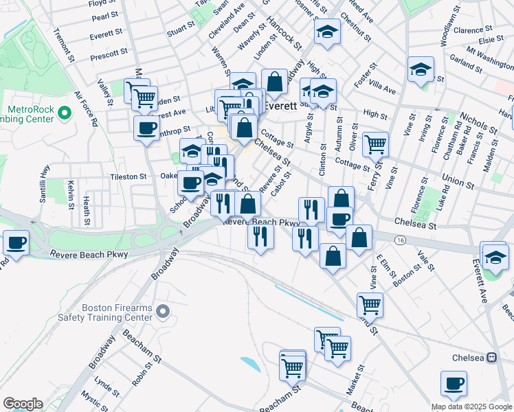 map of restaurants, bars, coffee shops, grocery stores, and more near 70 Revere Street in Everett