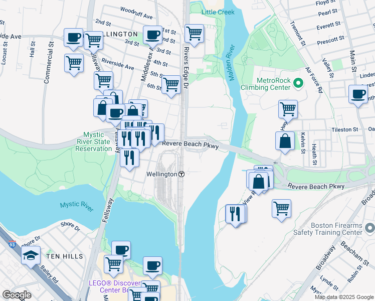 map of restaurants, bars, coffee shops, grocery stores, and more near 106 Rivers Edge Drive in Medford