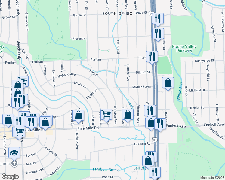 map of restaurants, bars, coffee shops, grocery stores, and more near 15546 Winston in Redford Charter Township