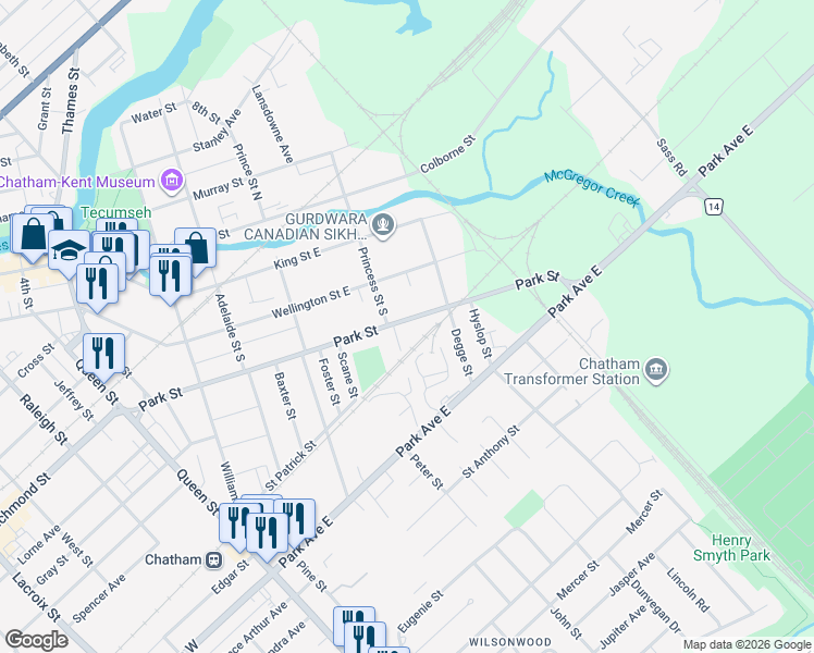 map of restaurants, bars, coffee shops, grocery stores, and more near 300 Park Street in Chatham